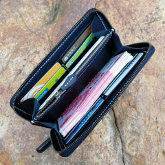 Black Handmade Double Carp Tooled Leather Long Biker Wallet Chain Wallet Clutch Wallet For Men - imessengerbags