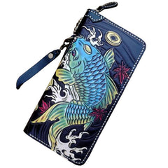 Black Handmade Double Carp Tooled Leather Long Biker Wallet Chain Wallet Clutch Wallet For Men - imessengerbags
