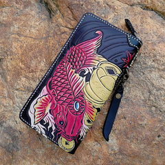 Black Handmade Double Carp Tooled Leather Long Biker Wallet Chain Wallet Clutch Wallet For Men - imessengerbags