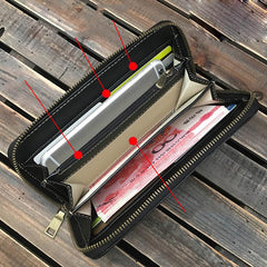 Black Handmade Tooled Tang Lion Leather Long Wallet Zipper Wallet Clutch Wallet For Men - imessengerbags