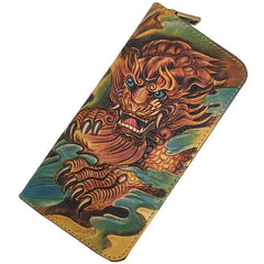 Black Handmade Tooled Tang Lion Leather Long Wallet Zipper Wallet Clutch Wallet For Men - imessengerbags