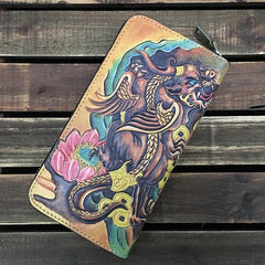 Black Handmade Tooled Tang Lion Leather Long Wallet Zipper Wallet Clutch Wallet For Men - imessengerbags