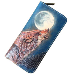 Blue Handmade Tooled Wolf Leather Long Wallet Zipper Wallet Clutch Wallet For Men - imessengerbags
