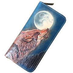Blue Handmade Tooled Wolf Leather Long Wallet Zipper Wallet Clutch Wallet For Men