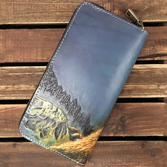 Blue Handmade Tooled Wolf Leather Long Wallet Zipper Wallet Clutch Wallet For Men - imessengerbags