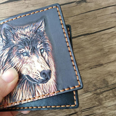 Handmade Wolf Black Tooled Leather billfold Wallet Small Wallet Cool Wallet For Men