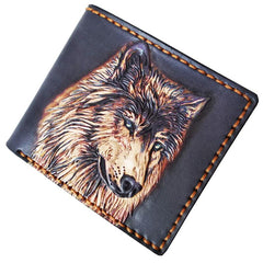 Handmade Wolf Black Tooled Leather billfold Wallet Small Wallet Cool Wallet For Men - imessengerbags