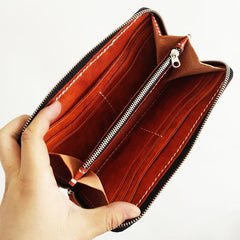 Black Handmade Vintage Mens Yellow-Brown Bifold Zipper Leather Long Wallet Cool Long Wallet for Men - imessengerbags