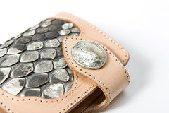 Beige Handmade Leather Mens Snakeskin billfold Biker Wallet Bifold SMall Wallet For Men