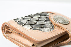 Beige Handmade Leather Mens Snakeskin billfold Biker Wallet Bifold SMall Wallet For Men - imessengerbags