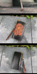Black Handmade Tooled Ganasha Leather Long Biker Wallet Chain Wallet Clutch Wallet For Men - imessengerbags