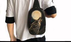 Black Handmade Tooled Leather Sling Bag Chest Bag Wolf One Shoulder Backpack For Men