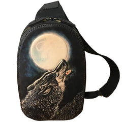 Black Handmade Tooled Leather Sling Bag Chest Bag Wolf One Shoulder Backpack For Men - imessengerbags