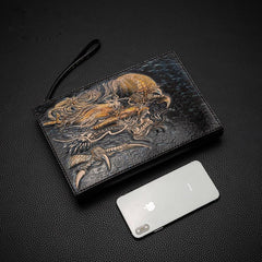 Black Handmade Tooled Leather Chinese Dragon Clutch Wallet Wristlet Bag Clutch Purse For Men - imessengerbags