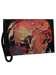 Black Handmade Tooled Leather Carp Chinese Dragon Clutch Wallet Wristlet Bag Clutch Purse For Men