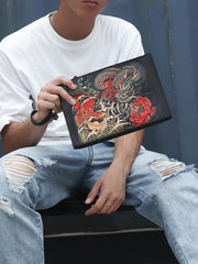 Black Handmade Tooled Leather Carp Chinese Dragon Clutch Wallet Wristlet Bag Clutch Purse For Men - imessengerbags