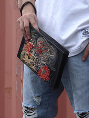 Black Handmade Tooled Leather Carp Chinese Dragon Clutch Wallet Wristlet Bag Clutch Purse For Men - imessengerbags