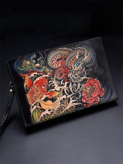 Black Handmade Tooled Leather Carp Chinese Dragon Clutch Wallet Wristlet Bag Clutch Purse For Men - imessengerbags