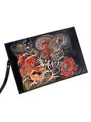 Black Handmade Tooled Leather Carp Chinese Dragon Clutch Wallet Wristlet Bag Clutch Purse For Men - imessengerbags