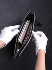 Black Handmade Tooled Leather Mahākāla Clutch Wallet Wristlet Bag Clutch Purse For Men - imessengerbags