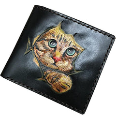 Handmade Black Tooled Leather Kitten Wolf Bifold billfold Wallet Small Wallet For Men