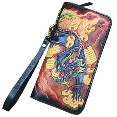 Black Handmade Tooled Brave troops Leather Long Biker Wallet Chain Wallet Clutch Wallet For Men - imessengerbags