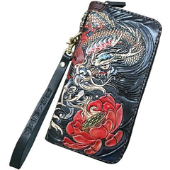 Black Handmade Chinese Dragon Tooled Leather Long Biker Wallet Chain Wallet Clutch Wallet For Men - imessengerbags