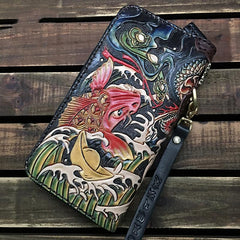 Black Handmade Chinese Dragon Tooled Leather Long Biker Wallet Chain Wallet Clutch Wallet For Men - imessengerbags