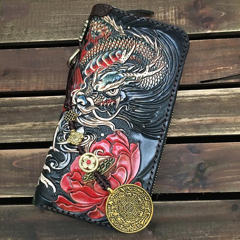 Handmade Leather Chinese Lion Mens Chain Biker Wallet Cool Leather Wallet with Chain Wallets for Men