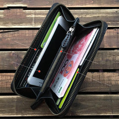 Black Handmade Carp Toad Tooled Leather Long Biker Wallet Black Chain Wallet Clutch Wallet For Men - imessengerbags