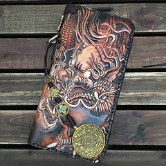 Black Handmade Carp Toad Tooled Leather Long Biker Wallet Black Chain Wallet Clutch Wallet For Men - imessengerbags