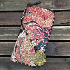 Black Handmade Carp Toad Tooled Leather Long Biker Wallet Black Chain Wallet Clutch Wallet For Men - imessengerbags