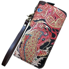 Black Handmade Carp Toad Tooled Leather Long Biker Wallet Black Chain Wallet Clutch Wallet For Men - imessengerbags