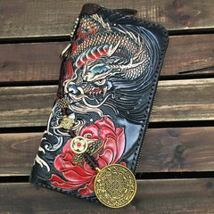 Black Handmade Carp Toad Tooled Leather Long Biker Wallet Black Chain Wallet Clutch Wallet For Men - imessengerbags