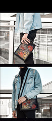 Handmade Black Tooled Dragon Carp Leather Messenger Bag Side Bag Clutch Wristlet Bag For Men