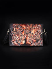 Handmade Black Tooled Lion Dragon Leather Messenger Bags Side Bag Clutch Wristlet Bag For Men - imessengerbags