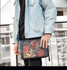 Handmade Black Tooled Dragon Carp Leather Clutch Wristlet Bag Messenger Bag Side Bag For Men - imessengerbags