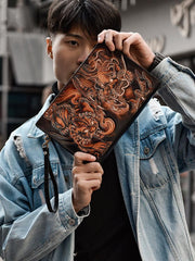 Handmade Black Tooled Lion Dragon Leather Messenger Bags Side Bag Clutch Wristlet Bag For Men