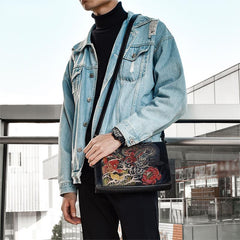 Handmade Black Tooled Dragon Carp Leather Clutch Wristlet Bag Messenger Bag Side Bag For Men - imessengerbags