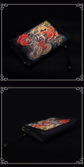 Handmade Black Tooled Dragon Carp Leather Clutch Wristlet Bag Messenger Bag Side Bag For Men - imessengerbags