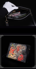 Handmade Black Tooled Dragon Carp Leather Clutch Wristlet Bag Messenger Bag Side Bag For Men - imessengerbags