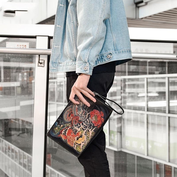 Handmade Black Tooled Dragon Carp Leather Clutch Wristlet Bag Messenger Bag Side Bag For Men - imessengerbags