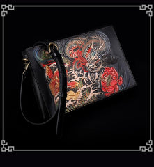 Handmade Black Tooled Dragon Carp Leather Clutch Wristlet Bag Messenger Bag Side Bag For Men - imessengerbags