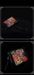 Handmade Black Tooled Dragon Carp Leather Messenger Bag Side Bag Clutch Wristlet Bag For Men