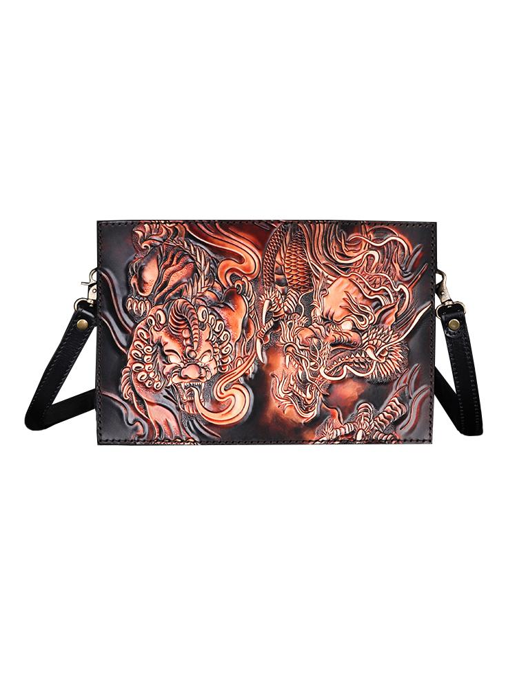 Handmade Black Tooled Lion Dragon Leather Messenger Bags Side Bag Clutch Wristlet Bag For Men