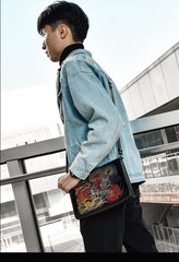 Handmade Black Tooled Dragon Carp Leather Messenger Bag Side Bag Clutch Wristlet Bag For Men