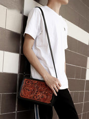 Handmade Black Tooled Floral Leather Messenger Bags Side Bag Clutch Wristlet Bag For Men