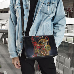 Handmade Black Tooled Floral Leather Messenger Bags Side Bag Clutch Wristlet Bag For Men - imessengerbags
