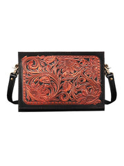 Handmade Black Tooled Floral Leather Messenger Bags Side Bag Clutch Wristlet Bag For Men