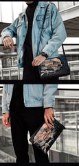 Handmade Black Tooled Chinese Dragon Leather Clutch Wristlet Bag Messenger Bags Side Bag For Men